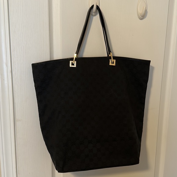 GUCCI 🖤 Black Monogram GG Canvas Vintage Tote black-gold Large size Authentic - Picture 1 of 3